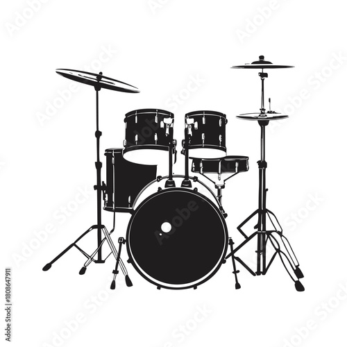 Black and white illustration of a drum set in hand drawn style vector