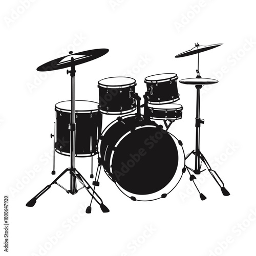Black and white illustration of a drum set in hand drawn style vector