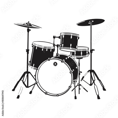 Black and white illustration of a drum set in hand drawn style vector