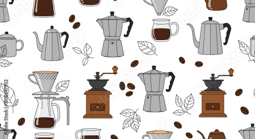 Elegant coffee brewing tools pattern for trendy café designs and cozy breakfast vibes, perfect for menus or promotional materials for coffee lovers