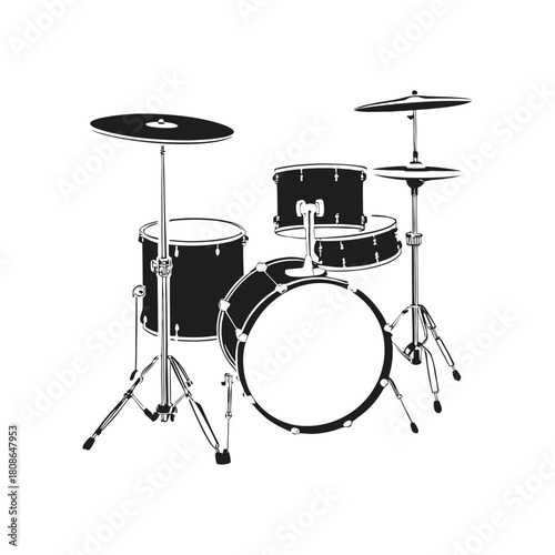 Black and white illustration of a drum set in hand drawn style vector