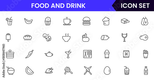 Food and drink web icons in line style. Meal, restaurant, dishes, fruits, fast food, burger, pizza, coffee, sandwich, collection. Vector illustration.