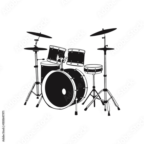 Black and white illustration of a drum set in hand drawn style vector