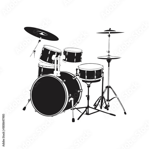 Black and white illustration of a drum set in hand drawn style vector
