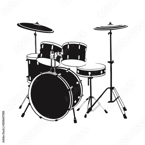 Black and white illustration of a drum set in hand drawn style vector