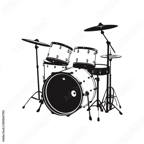 Black and white illustration of a drum set in hand drawn style vector