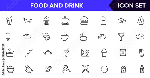 Food and drink web icons in line style. Meal, restaurant, dishes, fruits, fast food, burger, pizza, coffee, sandwich, collection. Vector illustration.