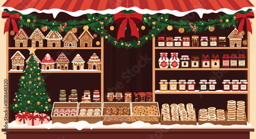 Charming Christmas market stall overflowing with gingerbread houses, cookies, and festive treats, perfect for holiday baking promotions and seasonal designs