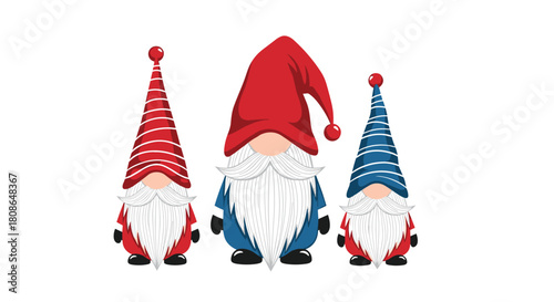 Festive trio of charming Christmas gnomes wearing stylish hats and long beards, perfect for holiday cards and whimsical seasonal designs
