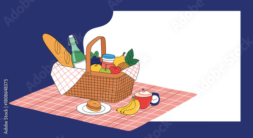 Planning a perfect picnic with fresh bread, fruit, and drinks on a gingham blanket, ready for a relaxing outdoor adventure with copy space
