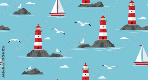 Coastal charm with sailboats and lighthouses, perfect for nautical themed designs or seaside resort promotions, evoking summer vacation vibes