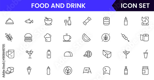 Food and drink web icons in line style. Meal, restaurant, dishes, fruits, fast food, burger, pizza, coffee, sandwich, collection. Vector illustration.