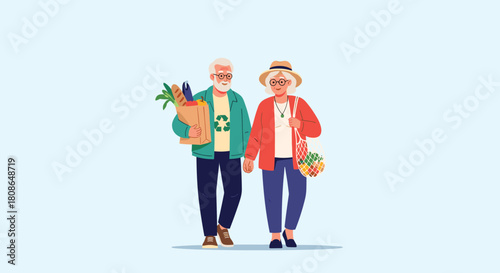 Lovely senior couple holding hands walking home from shopping with groceries, promoting healthy lifestyle and sustainable living, vibrant and cheerful