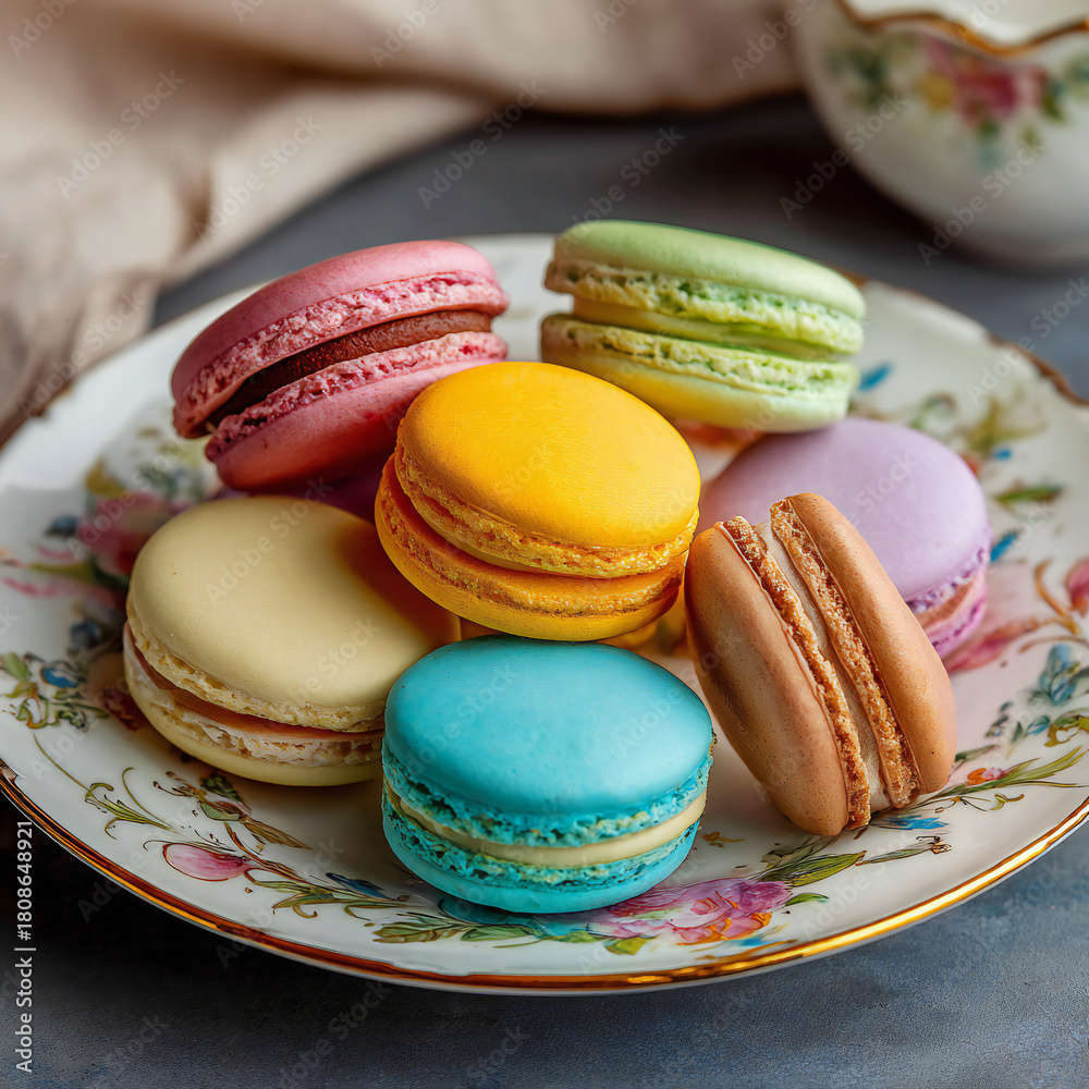 Obraz premium A colorful display of macarons on a decorative plate , dessert