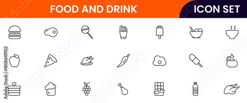 Food and drink web icons in line style. Meal, restaurant, dishes, fruits, fast food, burger, pizza, coffee, sandwich, collection. Vector illustration.