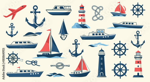 Nautical adventure awaits with this fun travel set featuring boats, airplanes, lighthouses, anchors, and more for your next project design!