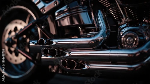 A shiny motorcycle engine and exhaust system, showcasing chrome details and a shallow depth of field
