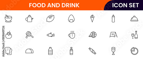 Food and drink web icons in line style. Meal, restaurant, dishes, fruits, fast food, burger, pizza, coffee, sandwich, collection. Vector illustration.