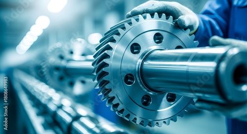 A worker wearing gloves holds a large, shiny, metal gear on a shaft in a manufacturing environment.