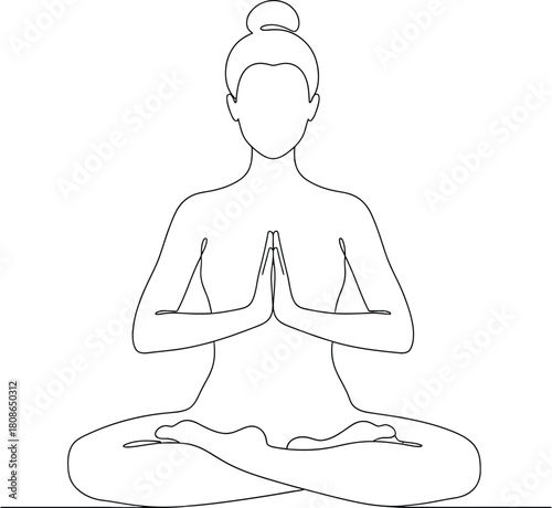 Line drawing of a person meditating in a lotus pose with hands in prayer