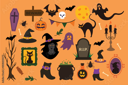 halloween set elements ghost pumpkin cute illustration