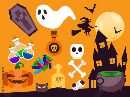 halloween set elements ghost pumpkin cute illustration