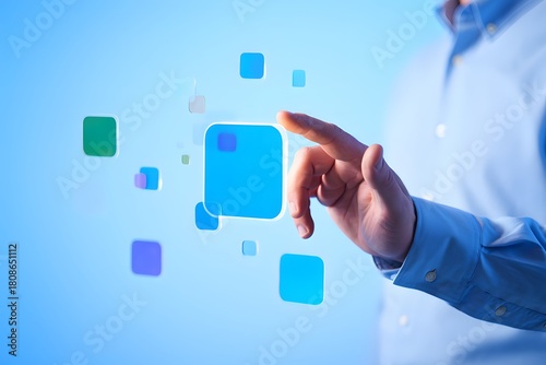 Man interacting with digital interface using touch technology and floating square icons