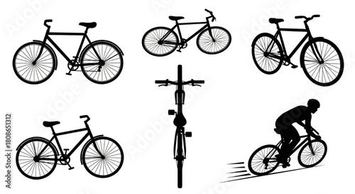 Bicycle Silhouette Vector Illustration Showing Multiple Perspectives and Dynamic Riding Poses in Simple Style

