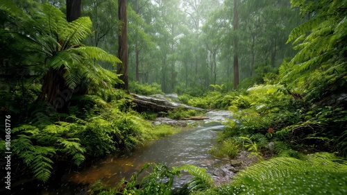 Rain falls gently on lush green ferns and a small stream flowing through a serene forest landscape in the midst of a rainy day