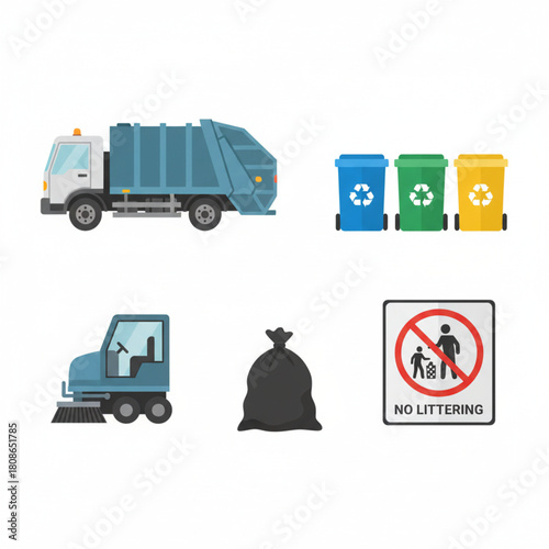 Sanitation vehicle, bins, street sweeper, bag, and no littering sign