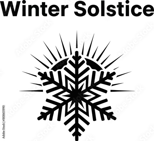 Winter solstice illustration with snowflake and sun rays holiday greeting card design for shortest day of year