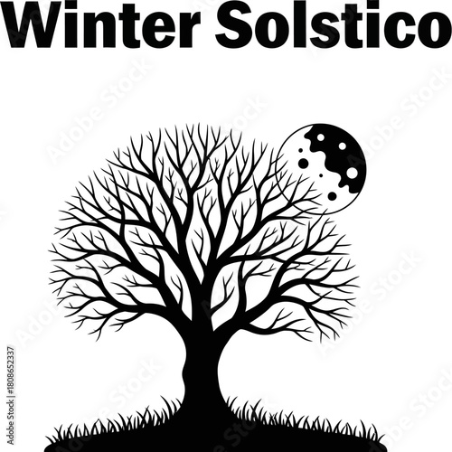Silhouette of a bare tree with a full moon, representing winter solstice and beauty of nature