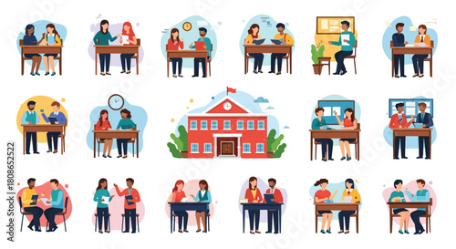 Vibrant students collaborating in classrooms, showcasing diverse learning environments, perfect for education and teamwork projects with a modern feel