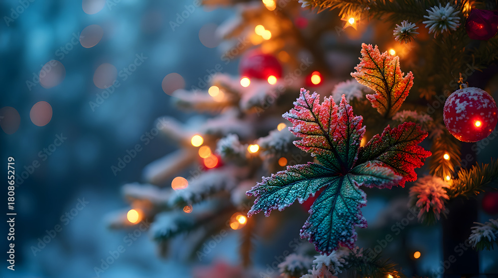 Fototapeta premium Unique Winter Decor on Snowy Tree with Warm Lights