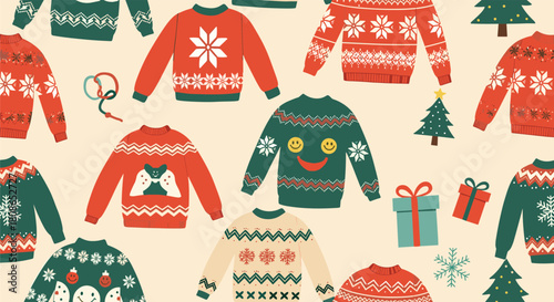 Get cozy with this festive ugly Christmas sweater pattern, perfect for holiday cards, gift wrap, and fun winter designs for joyful celebrations