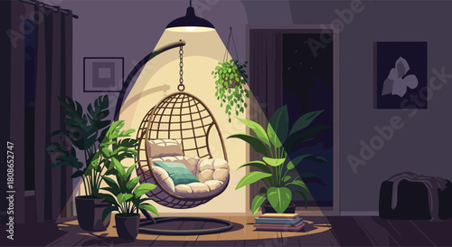 Dreamy bohemian interior with hanging chair, lush plants, and soft lighting for a relaxing, cozy, and inviting atmosphere. Home decor inspiration.