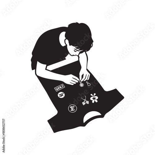 Silhouette of a person decorating a t-shirt with patches