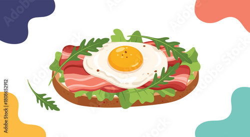 Colorful vector breakfast toast with egg, bacon, and arugula for a healthy eating lifestyle promotion, ideal for food bloggers and dietitians