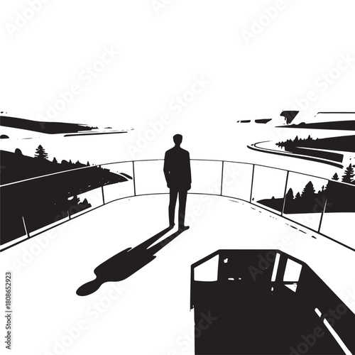 Silhouette of a figure standing in a futuristic landscape that resembles glass and nature
