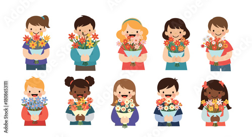 Cheerful children holding colorful flower bouquets for mother's day, valentine's day, or birthday celebration with diverse ethnic backgrounds