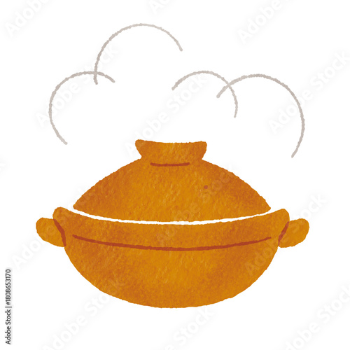 湯気の出る茶色い土鍋のイラスト（鍋料理・和食・冬の料理）