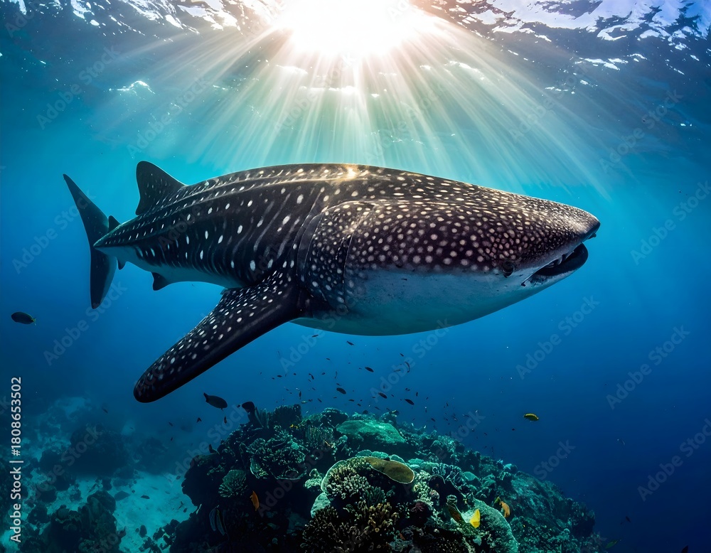Fototapeta premium A majestic whale shark gliding through clear blue tropical waters