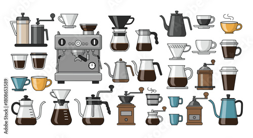 Enjoy a vibrant coffee break with this stylish collection of brewing equipment, perfect for cafe menus, coffee shop promotions, and morning routines