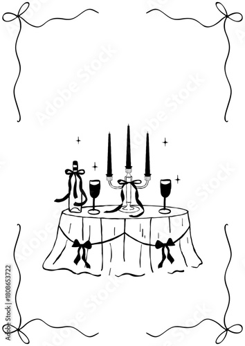 Hand drawn coquette frames. Vintage cute borders with ribbon and bow in simple crayon and sketch style. Trendy art for bachelorette party and wedding invitations. Doodle vector illustration