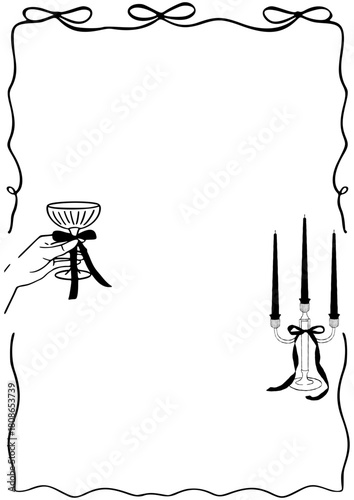 Hand drawn coquette frames. Vintage cute borders with ribbon and bow in simple crayon and sketch style. Trendy art for bachelorette party and wedding invitations. Doodle vector illustration