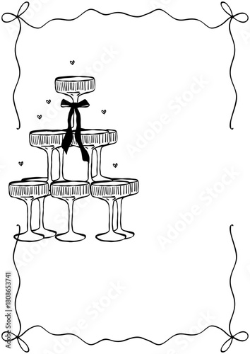 Hand drawn coquette frames. Vintage cute borders with ribbon and bow in simple crayon and sketch style. Trendy art for bachelorette party and wedding invitations. Doodle vector illustratio