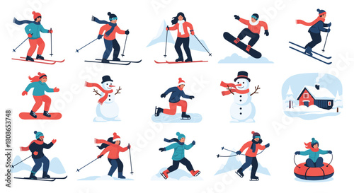 Enjoy winter activities with family skiing, snowboarding, ice skating, snow tubing, and building snowmen in a snowy landscape for holiday fun