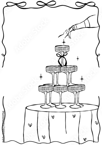 Hand drawn coquette frames. Vintage cute borders with ribbon and bow in simple crayon and sketch style. Trendy art for bachelorette party and wedding invitations. Doodle vector illustration