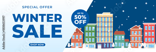 Winter sale banner with cityscape illustration, snowfall background, special offer up to 50% off, suitable for sale promotions, marketing ads, events, social media, web and headers