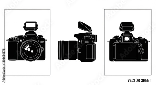 Camera Silhouette Vector Illustration Showing Front, Side, and Top Views in Minimal Modern Layout

